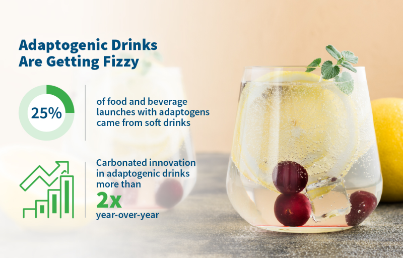A chart showing carbonated beverages represent 25% of adaptogenic food and drink launches in North America (2026) and carbonated beverage innovation activit 2x higher than last year.